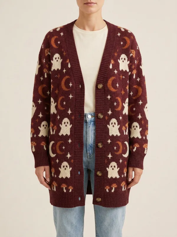 Women's Spooky Ghost Mushroom Moon Halloween Knit Cardigan