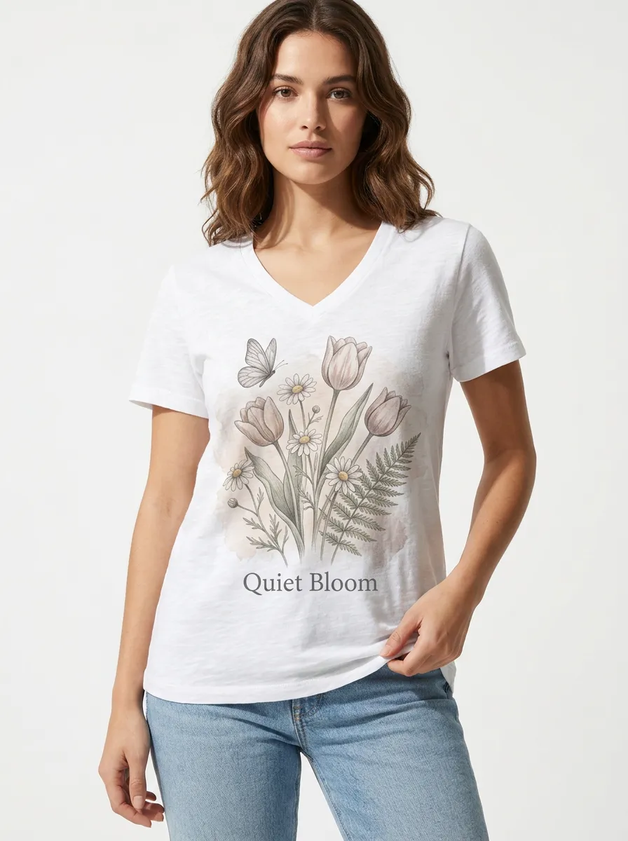 Women's Nature Lover Quiet Bloom Tulip Daisy Butterfly Printed V-neck T-shirt
