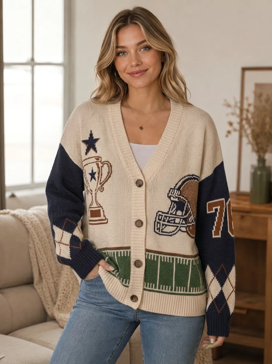 Women's Football Cream Graphic Intarsia Knit Cardigan