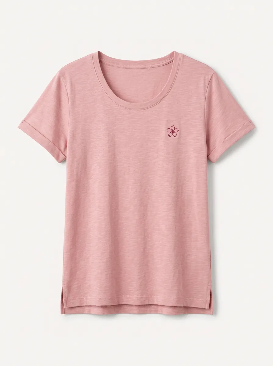 Women's Pink Cherry Blossom Embroidered Cotton T-shirt