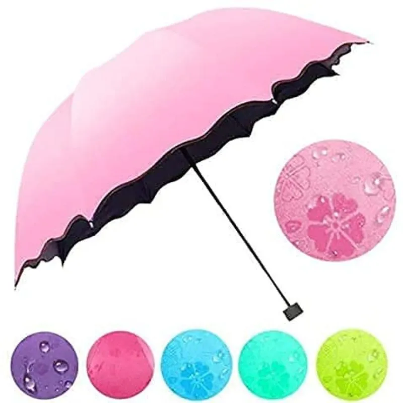 Fancy Magic Umbrella Changing Secret Blossoms Occur with Water Magic Print 3 Fold Umbrella for Girls, Women, Boys, Men & Children for UV, Sun & Rain - Multi Colour