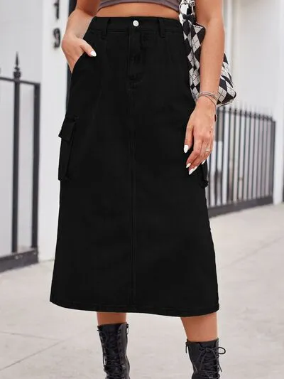 Relaxed Slit Buttoned Denim Pockets Skirt