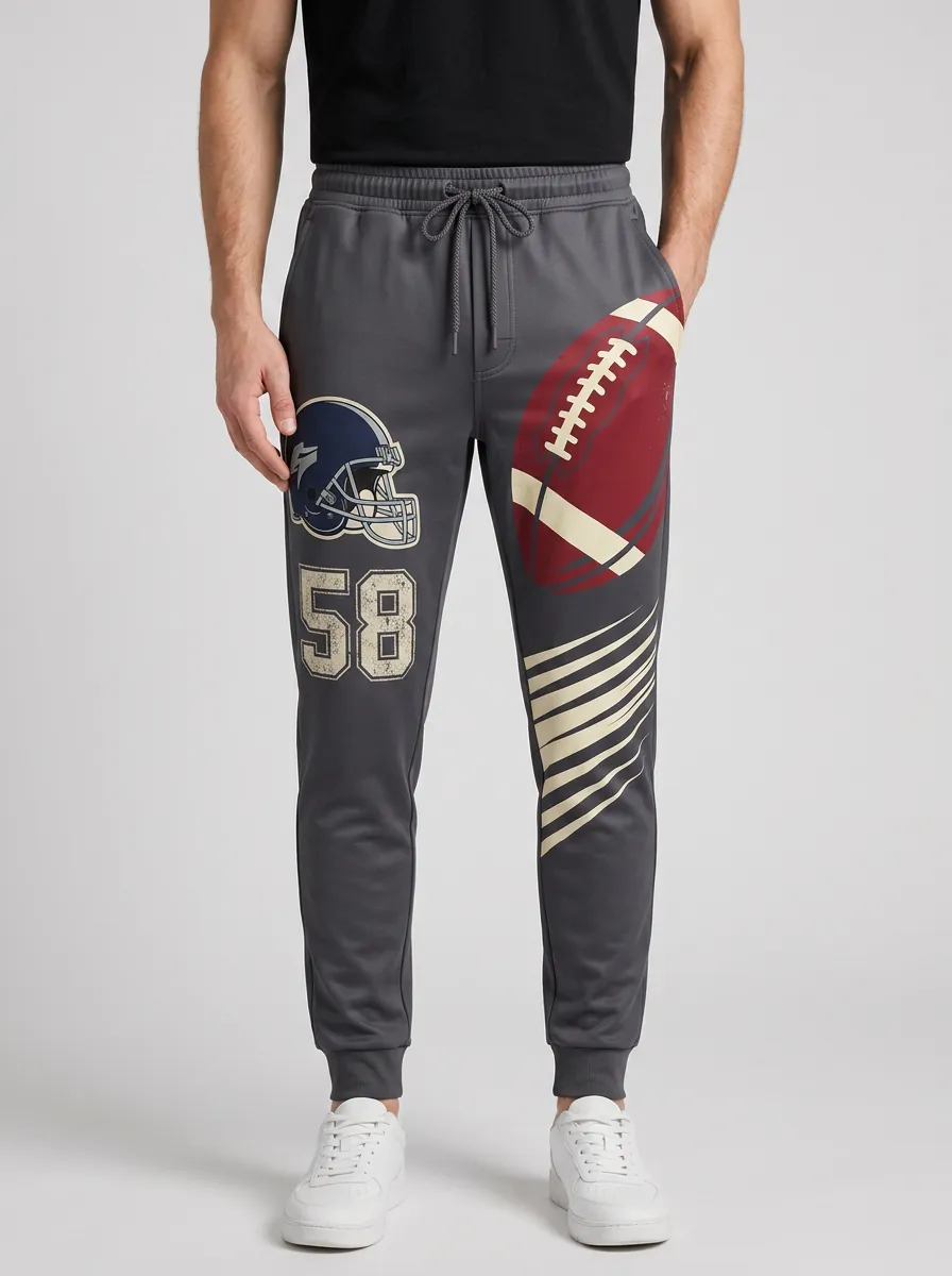 Men's Charcoal Graphic Print Football Joggers