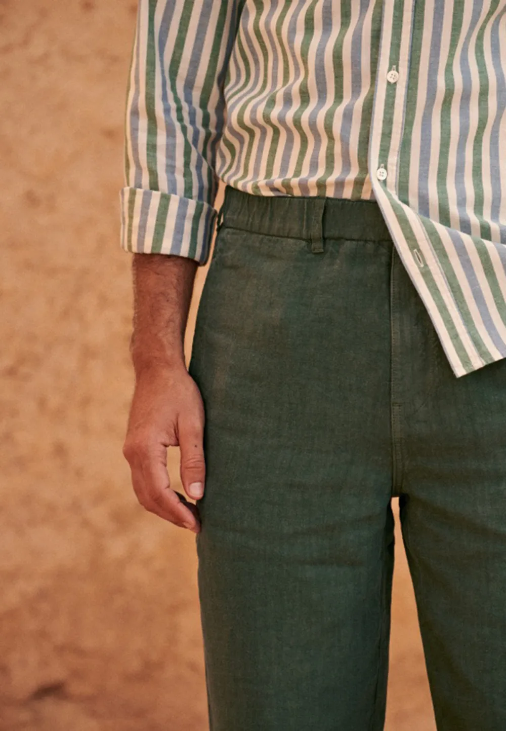Dark Green Lightweight Linen Blend Straight Trousers