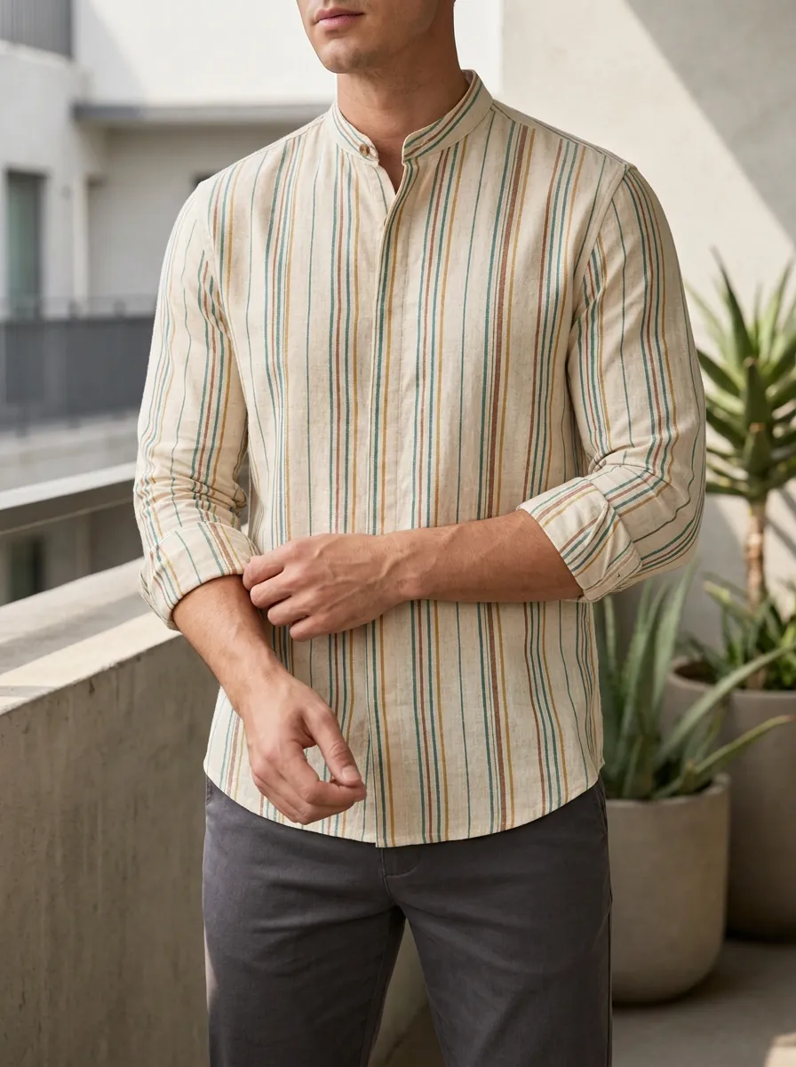 Men's Casual Summer Striped Mandarin Collar Slim Fit Shirt