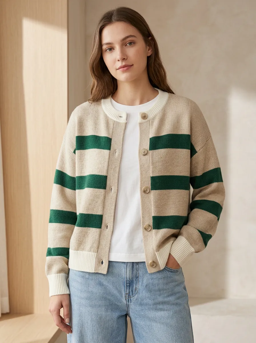 Embroidered Rugby Striped Knit Cardigan