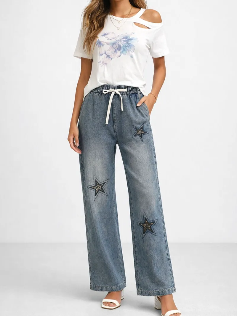 Star Embroidery Elastic Waist Wide Leg Denim Pants