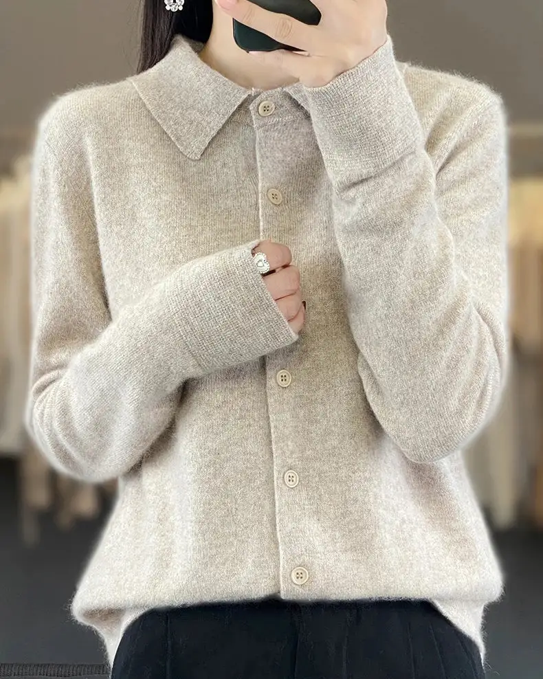 Mink-Cashmere Cashmere Button-Front Polo-Collar Cardigan