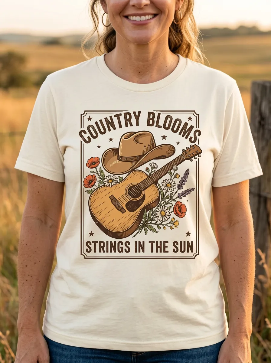 Country Music Cowboy Hat Guitar Floral Crew Neck T-Shirt