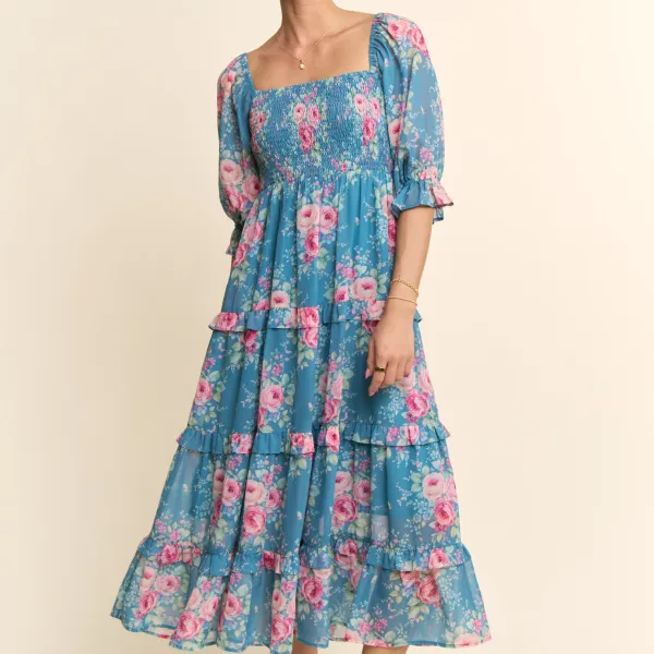 Floral Chiffon Smocked Tiered Dress