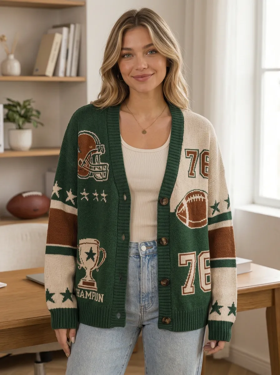 Women's Traditional Helmet Football Trophy Knitted Cardigan
