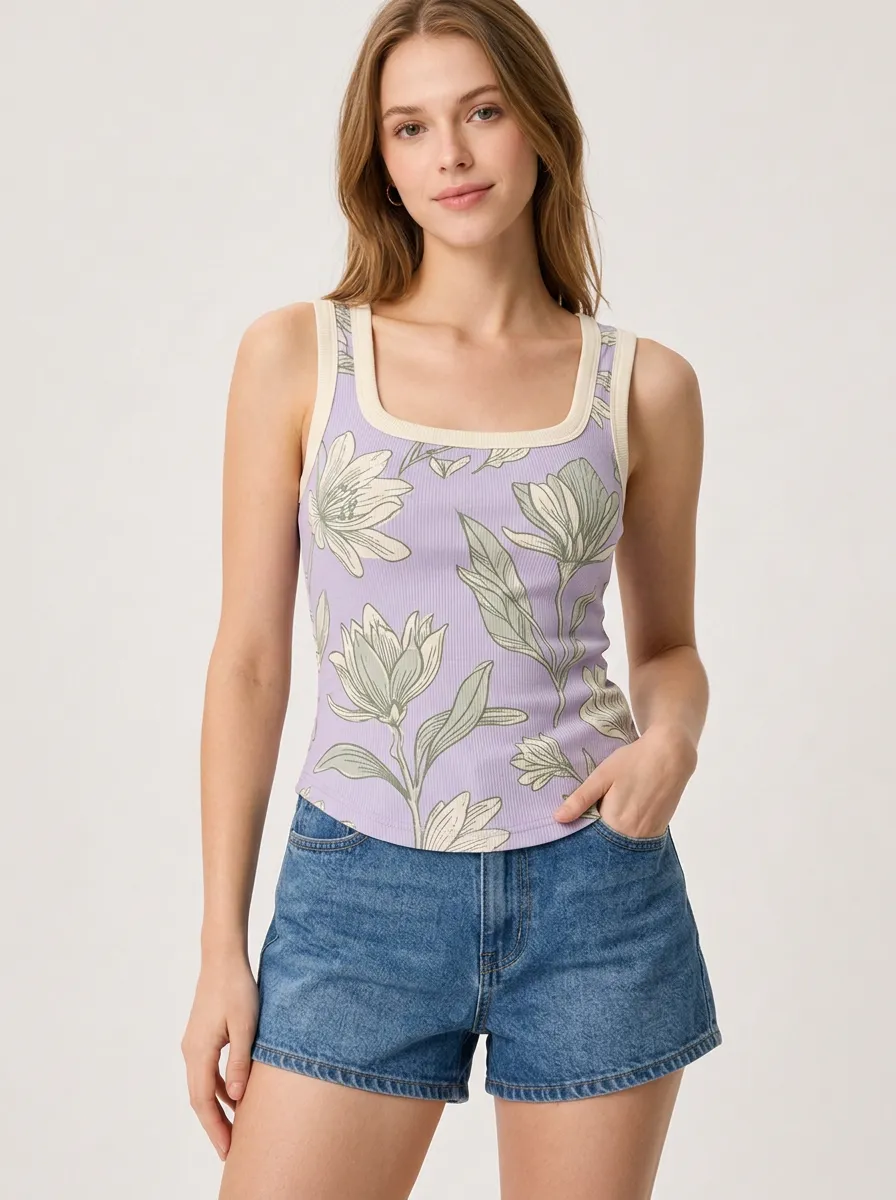 Women's Floral Botanical Purple Ribbed Printed Tank Top