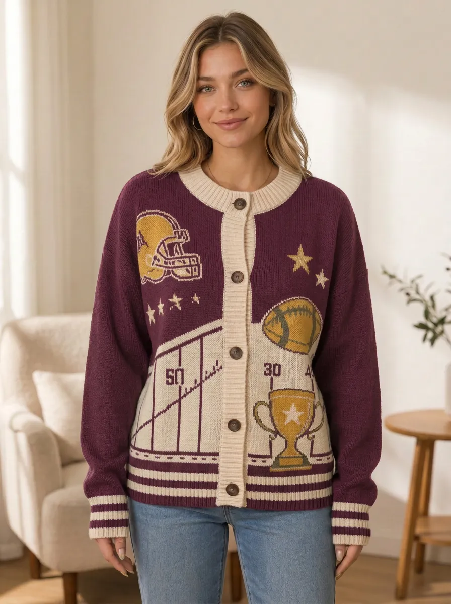 Women's Statement Gridiron Helmet Trophy Knit Cardigan