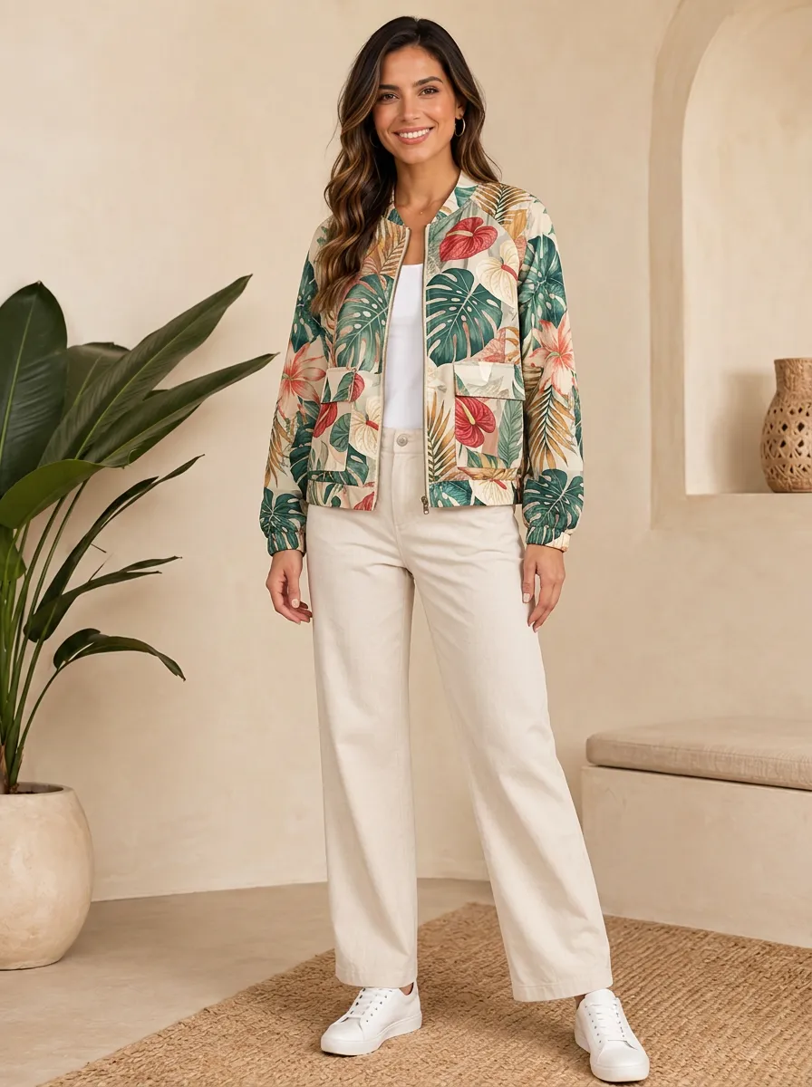 Women's Tropical Botanical Anthurium Monstera Printed Bomber Jacket