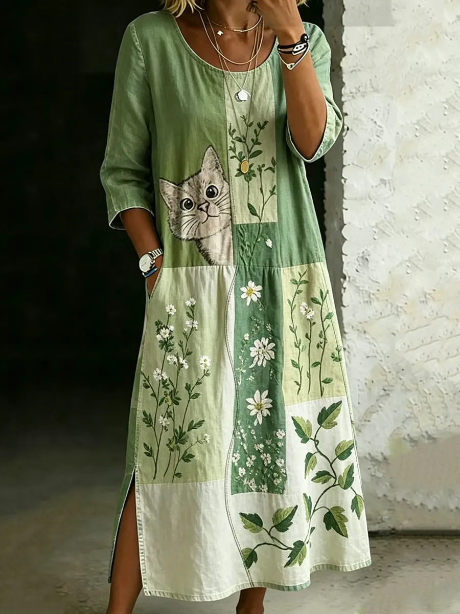 Women's Vintage Cotton Linen Cat Print Dress