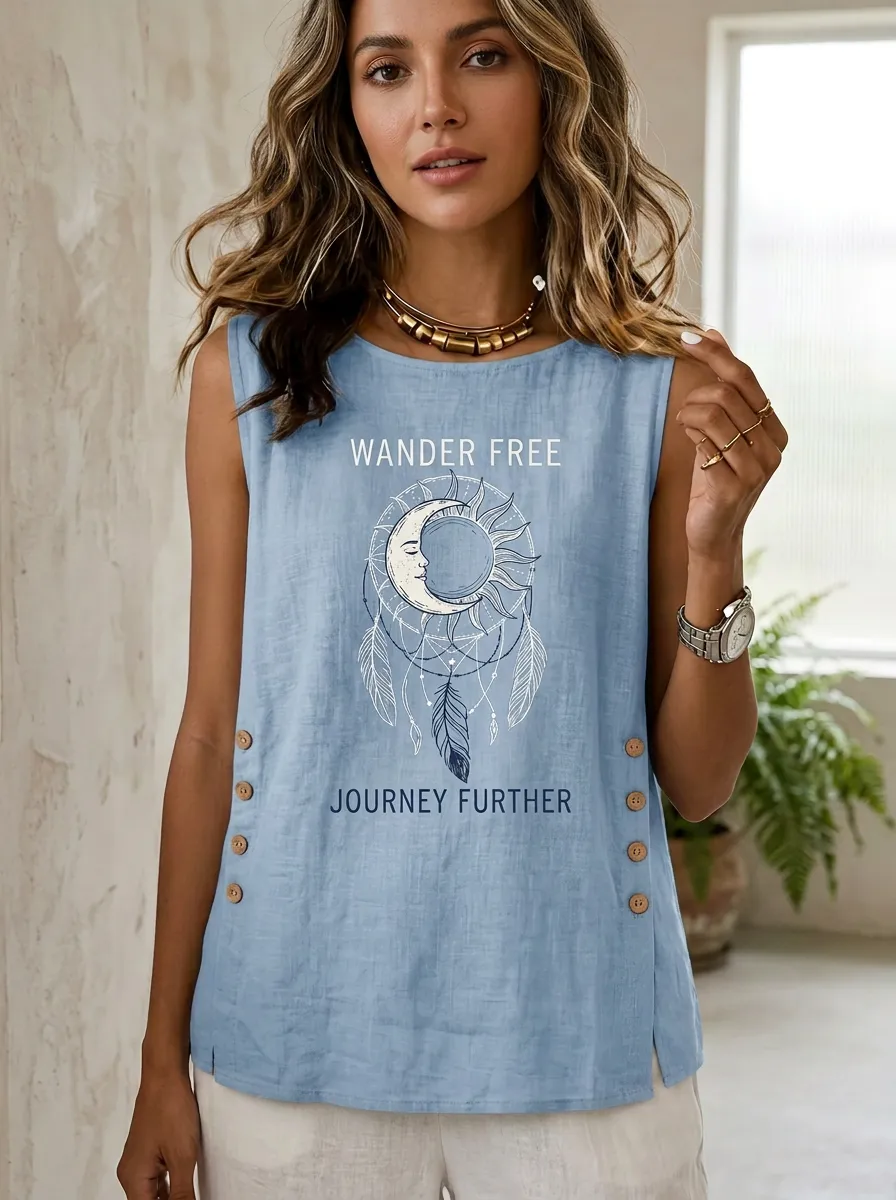 Women's Boho Wander Free Sun Moon Dreamcatcher Printed Tank Top