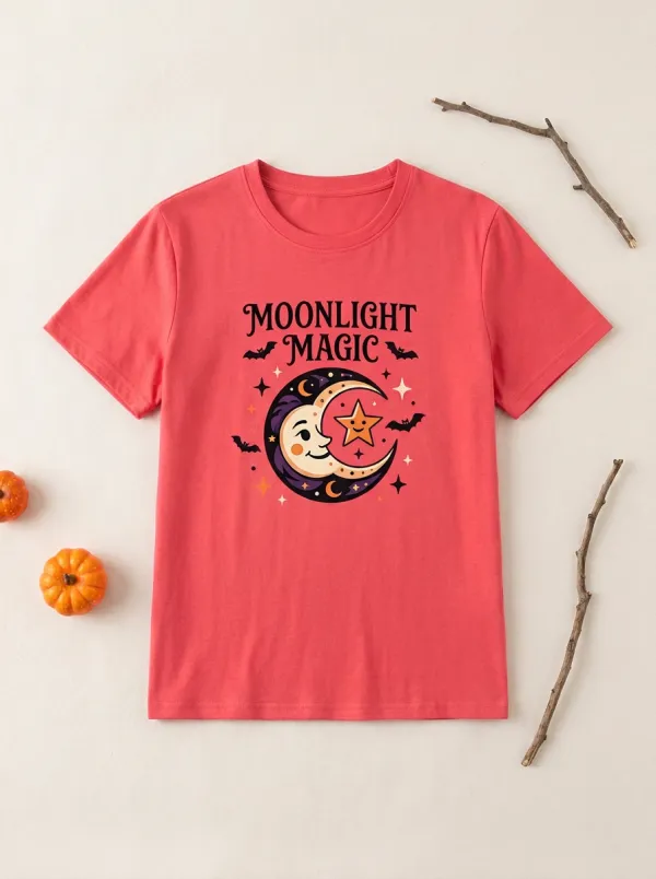 Moon Bat Star Halloween Graphic T-Shirt
