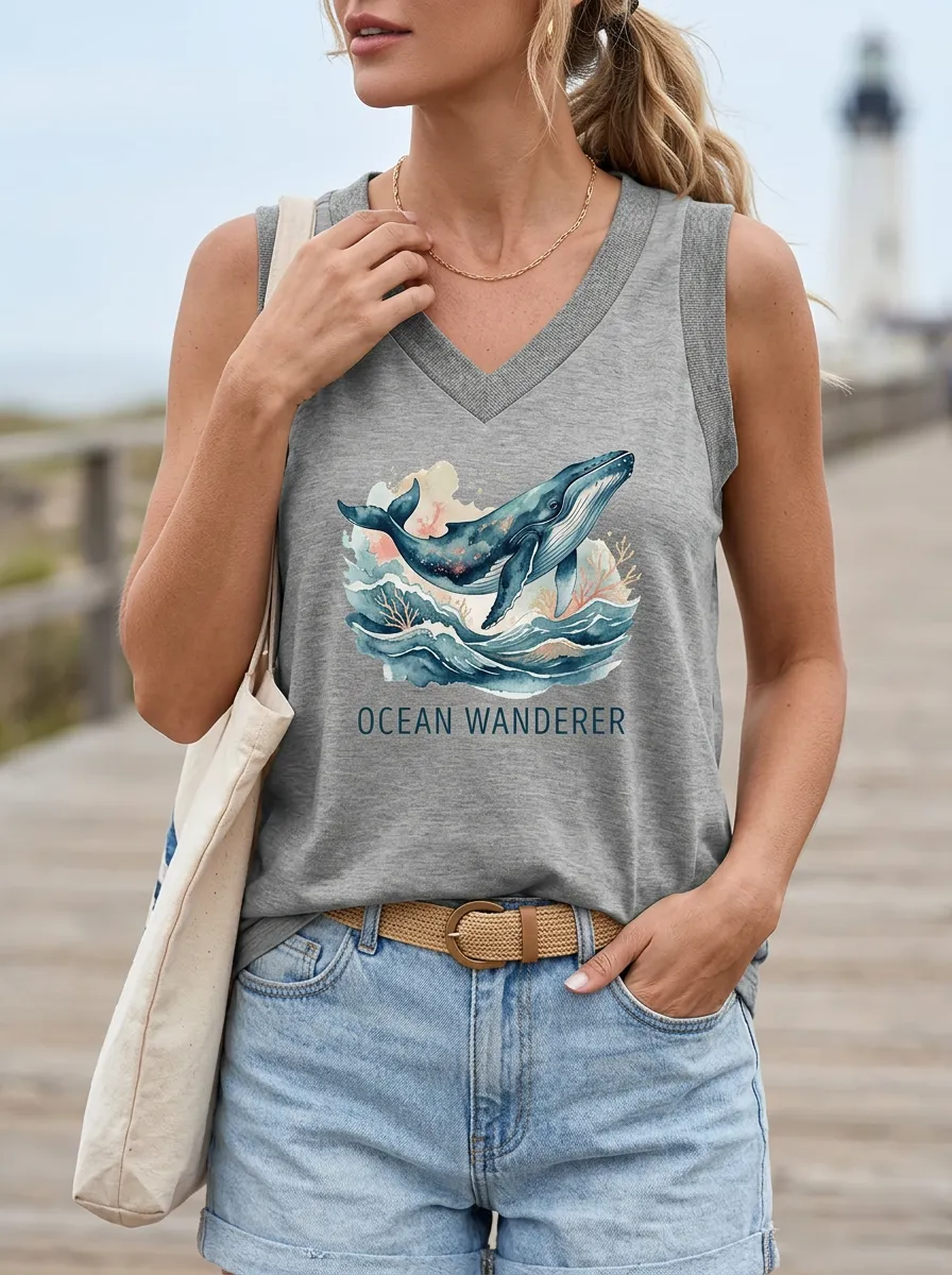 Women's Ocean Lover Whale Watercolor Printed Tank Top