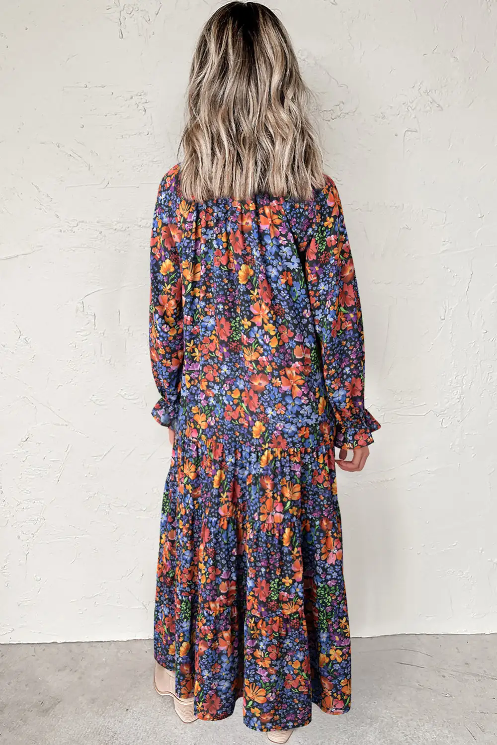 Maxi Floral Print Tassel Tie V Neck Long Sleeve