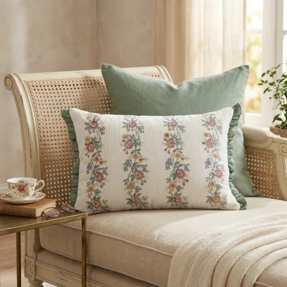 Artisan Detail Hand Embroidered Floral Botanical Cotton Lumbar Decorative Cushion Cover