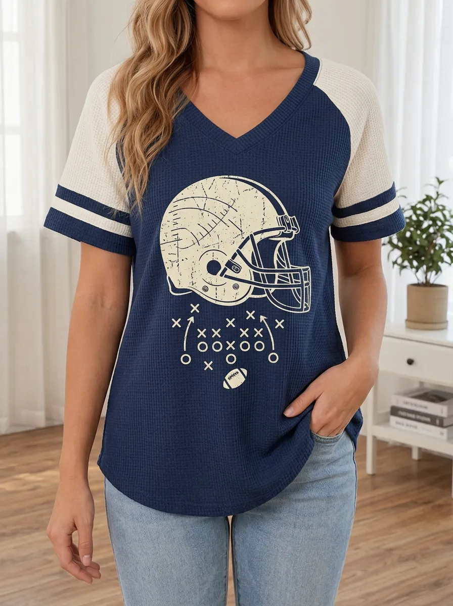 Women's Gridiron Football Fan Helmet Playbook Printed Waffle Knit Top