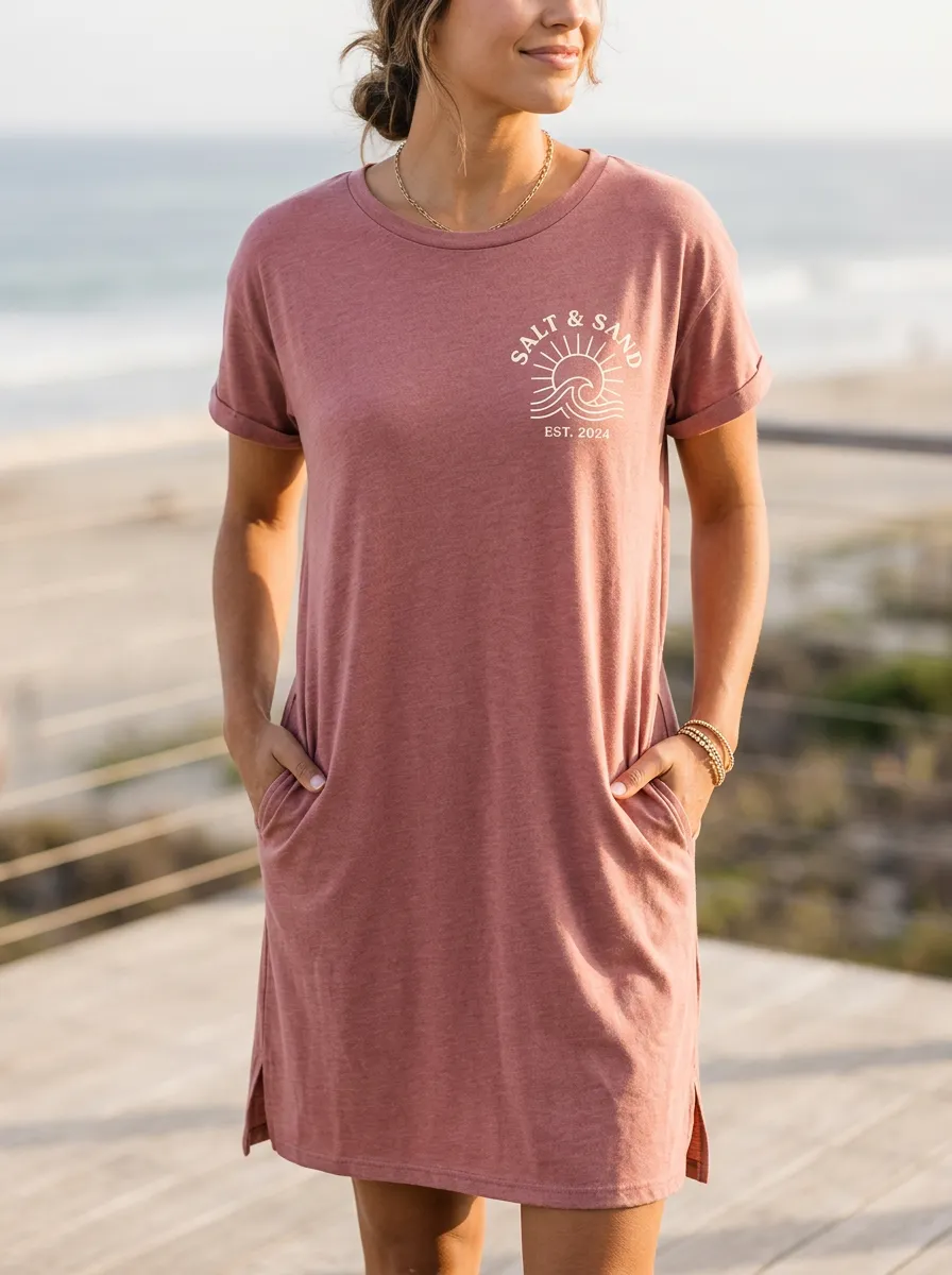 Women's Beach Lover Salt & Sand Sun Wave Printed T-shirt Dress