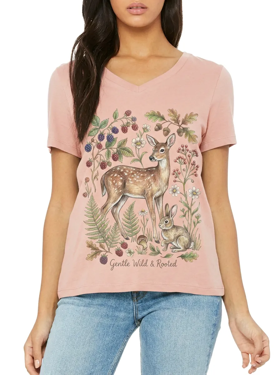 Women's Nature Lover Deer Rabbit Botanical Printed V-neck T-shirt