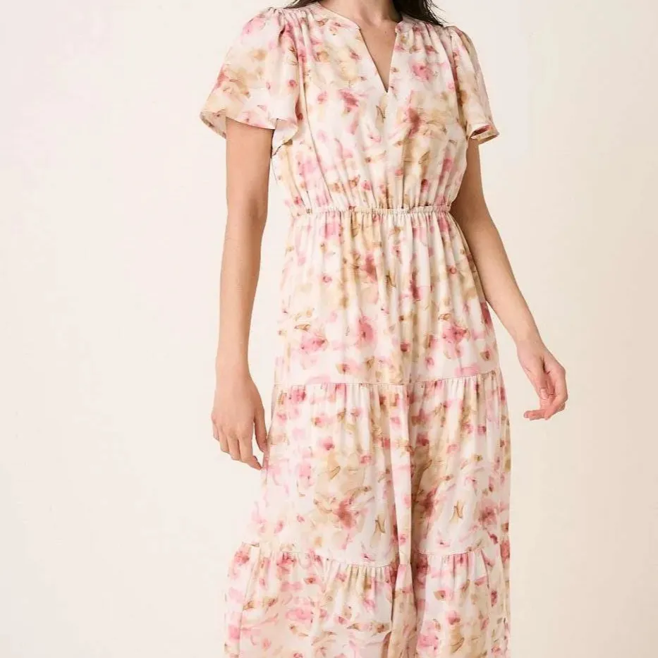 Flower Print Flutter Sleeve V Slit Maxi Dress