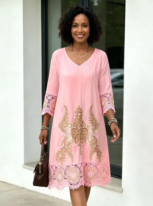 Women's Summer Vacation Olive Floral Embroidered Lace Trimmed Dress
