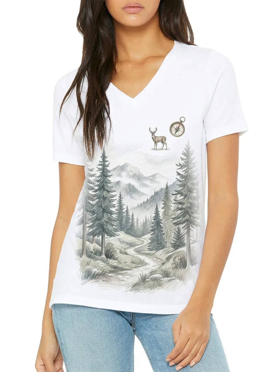 Women's Nature Hiking Lover Deer Compass Mountain Printed V-neck T-shirt