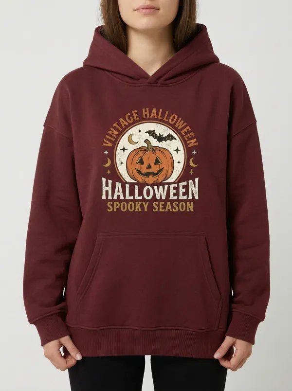 Women's Vintage Halloween Pumpkin Bat Spooky Season Printed Hoodie