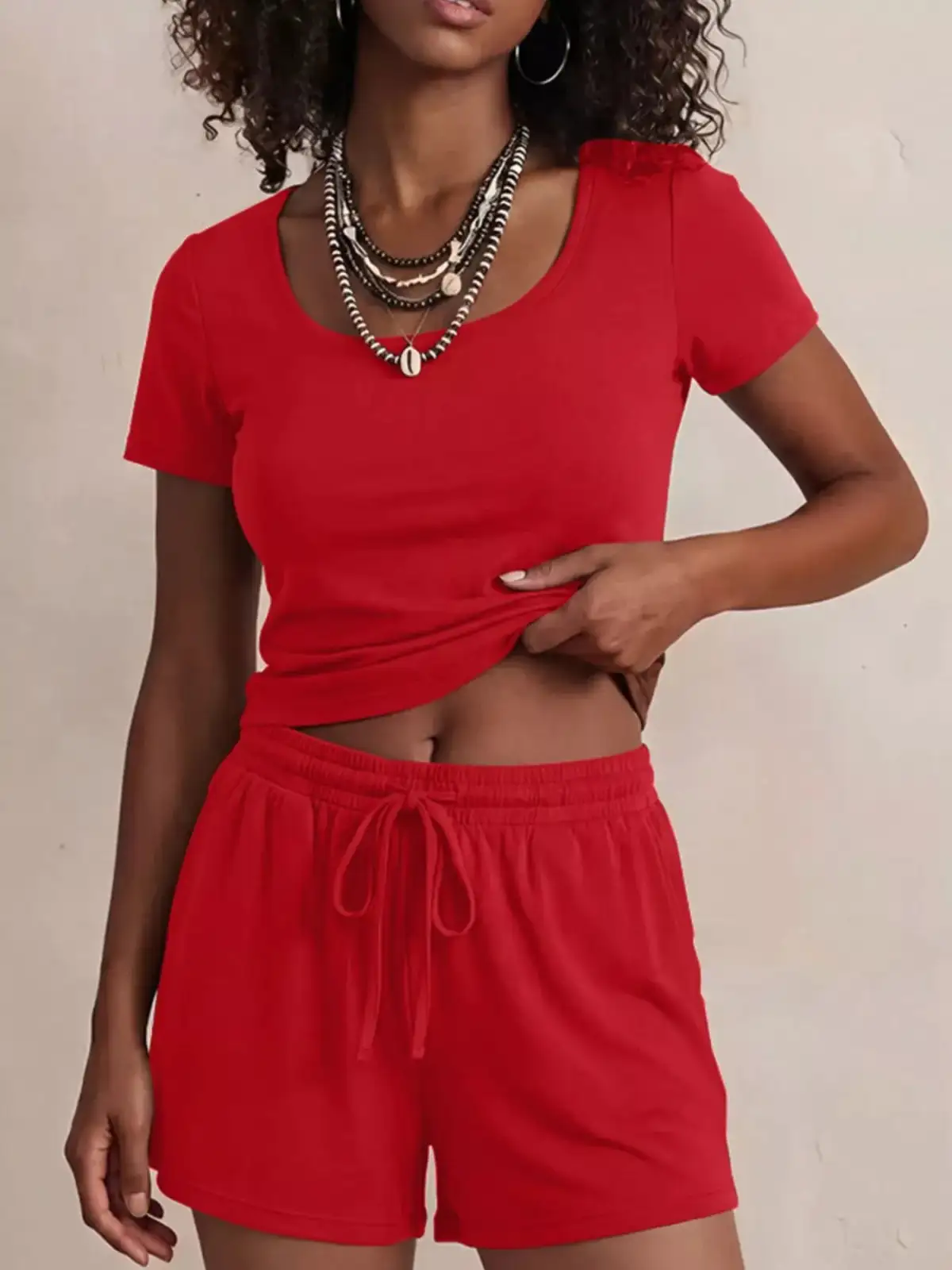 Drawstring Pocketed Tee and Shorts Matching Set