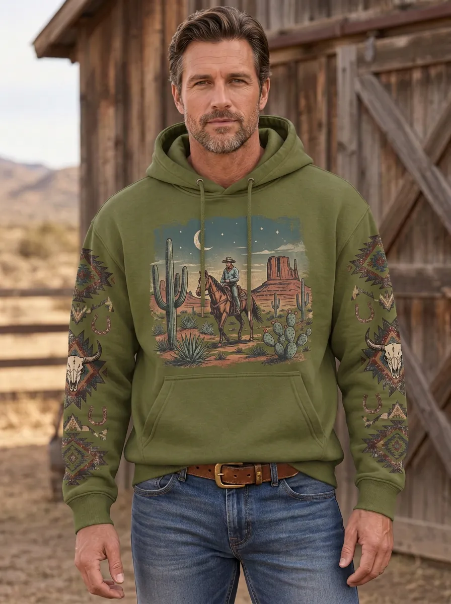 Men's Rodeo Inspired Western Cowboy Cactus Desert Graphic Hoodie