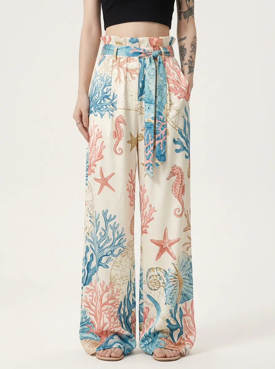 Women's Ocean Lover Coral Seahorse Printed Wide Leg Pants