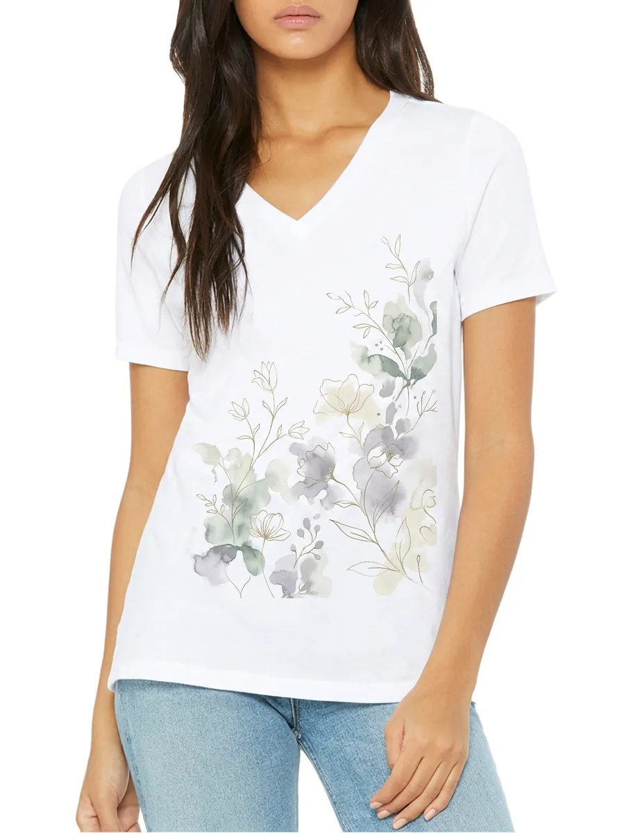 Women's Botanical  Watercolor Floral Printed V-neck T-shirt