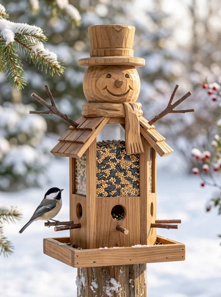 Classic Snowman Wooden Christmas Bird Feeder