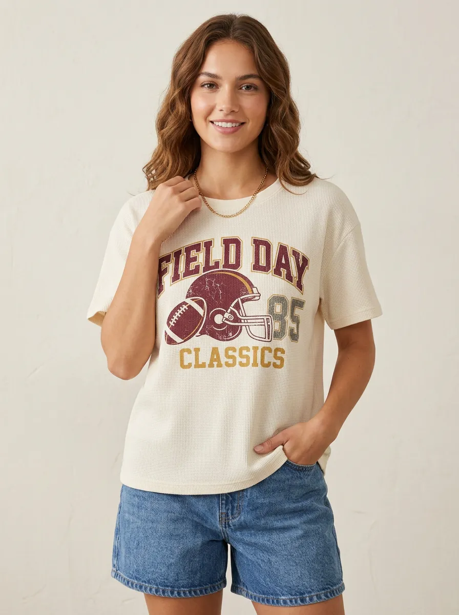 Women's Vintage Inspired Helmet Football Ball Crew Neck Graphic T-Shirt