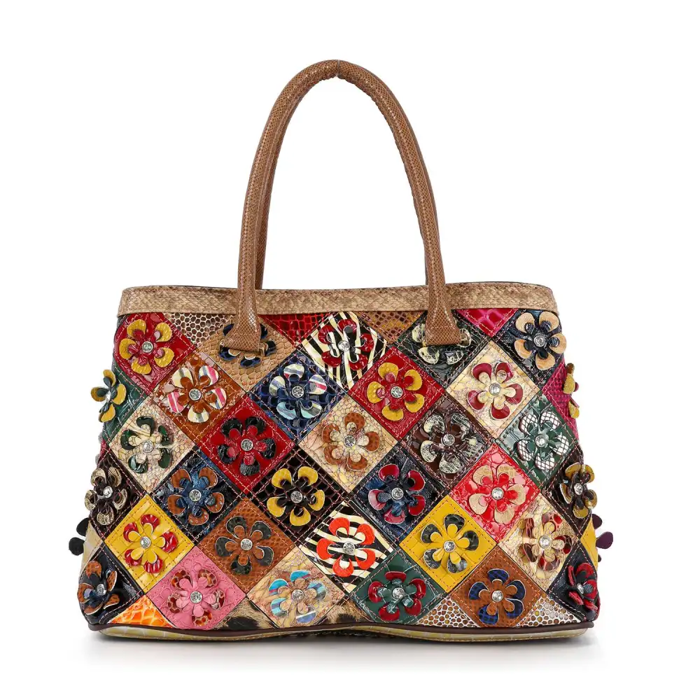 Genuine Leather Raised Floral Tote Bag