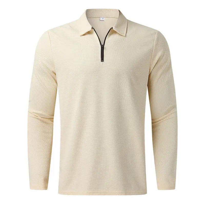 Waffle Texture Spread Collar Long Sleeve Polo Shirt