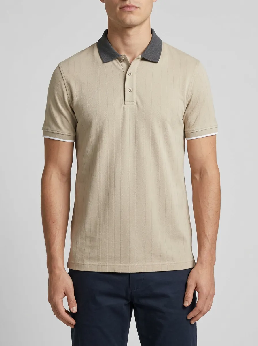 Men's Knit Textured Vertical-Stripe Contrast-Collar Polo Shirt