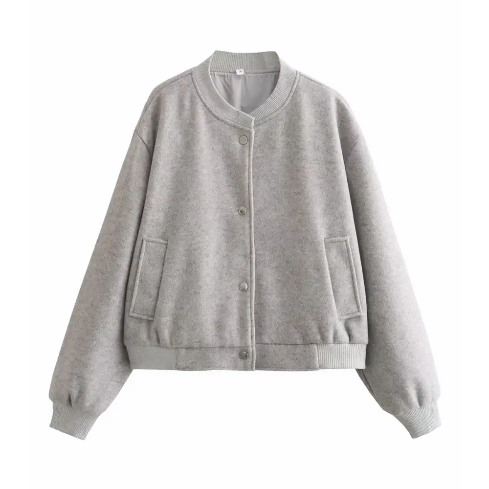 Quilted Wool Blend Snap Front Ribbed Trim Bomber Jacket