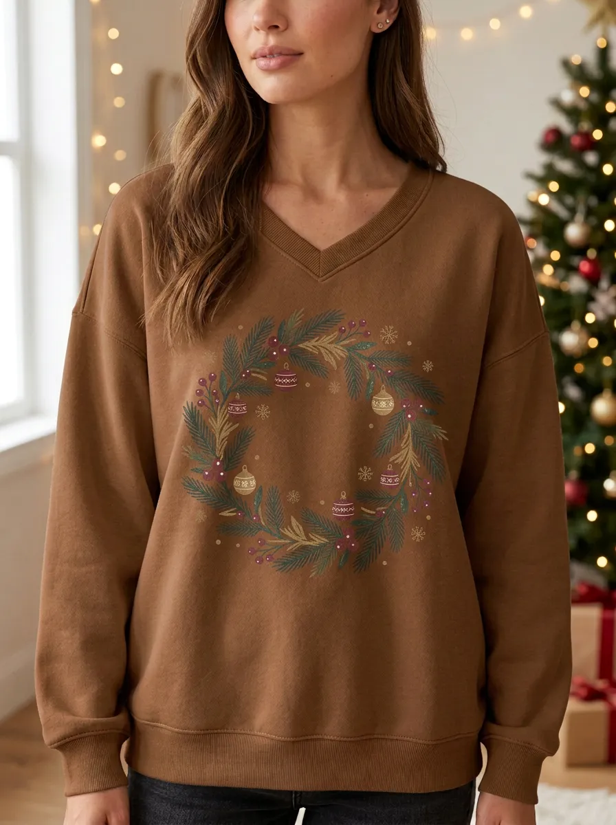 Christmas Holiday Wreath Pine Berry Print Sweatshirt