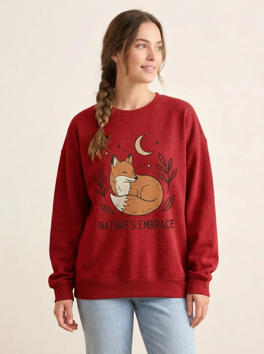 Women's Nature Lover Sleeping Fox Moon Printed Sweatshirt