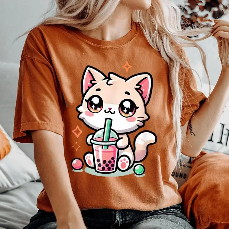 Cute Cat Boba Tea Bubble Tea Anime Kawaii Neko Girls Women's Oversized Comfort T-Shirt