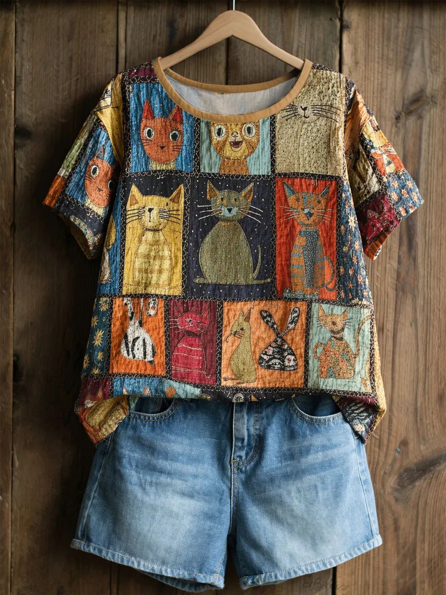 Women's Vintage Cute Cat Art Linen Blend T-shirt