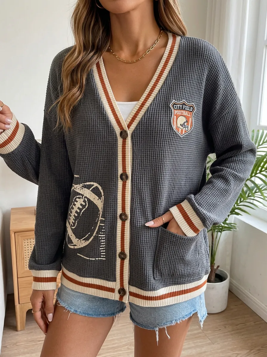 Women's Football Fan City Field Helmet Printed Waffle Knit Cardigan