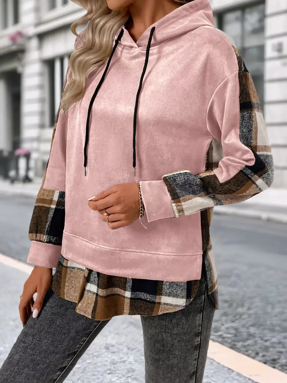 Relaxed Drawstring Long-Sleeve Plaid Hoodie
