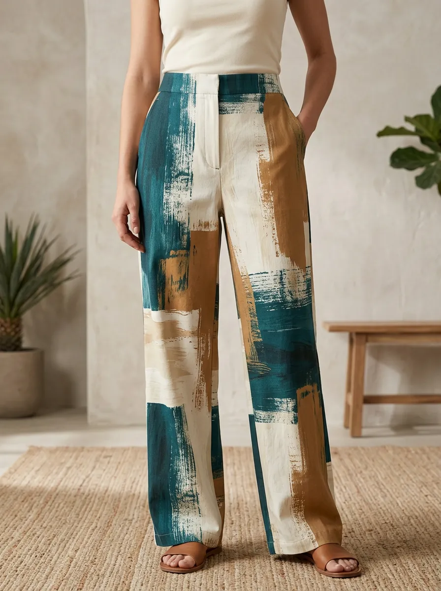 Women's Abstract Brushstroke Teal and Tan Printed Wide Leg Pants