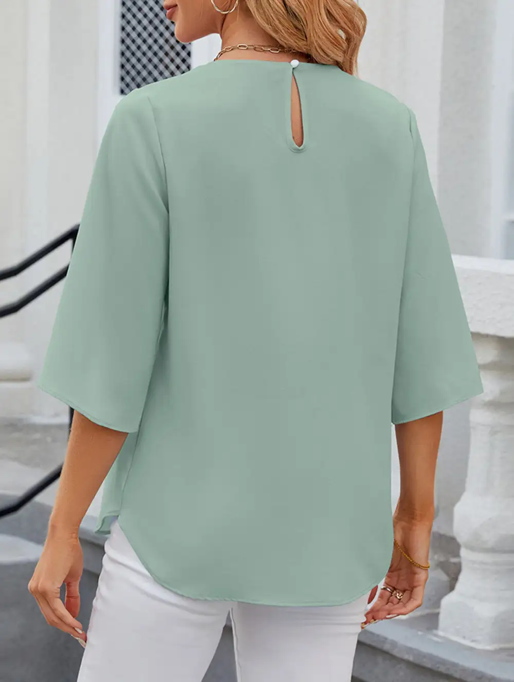 Chiffon Crew Neck Half Sleeve Blouse