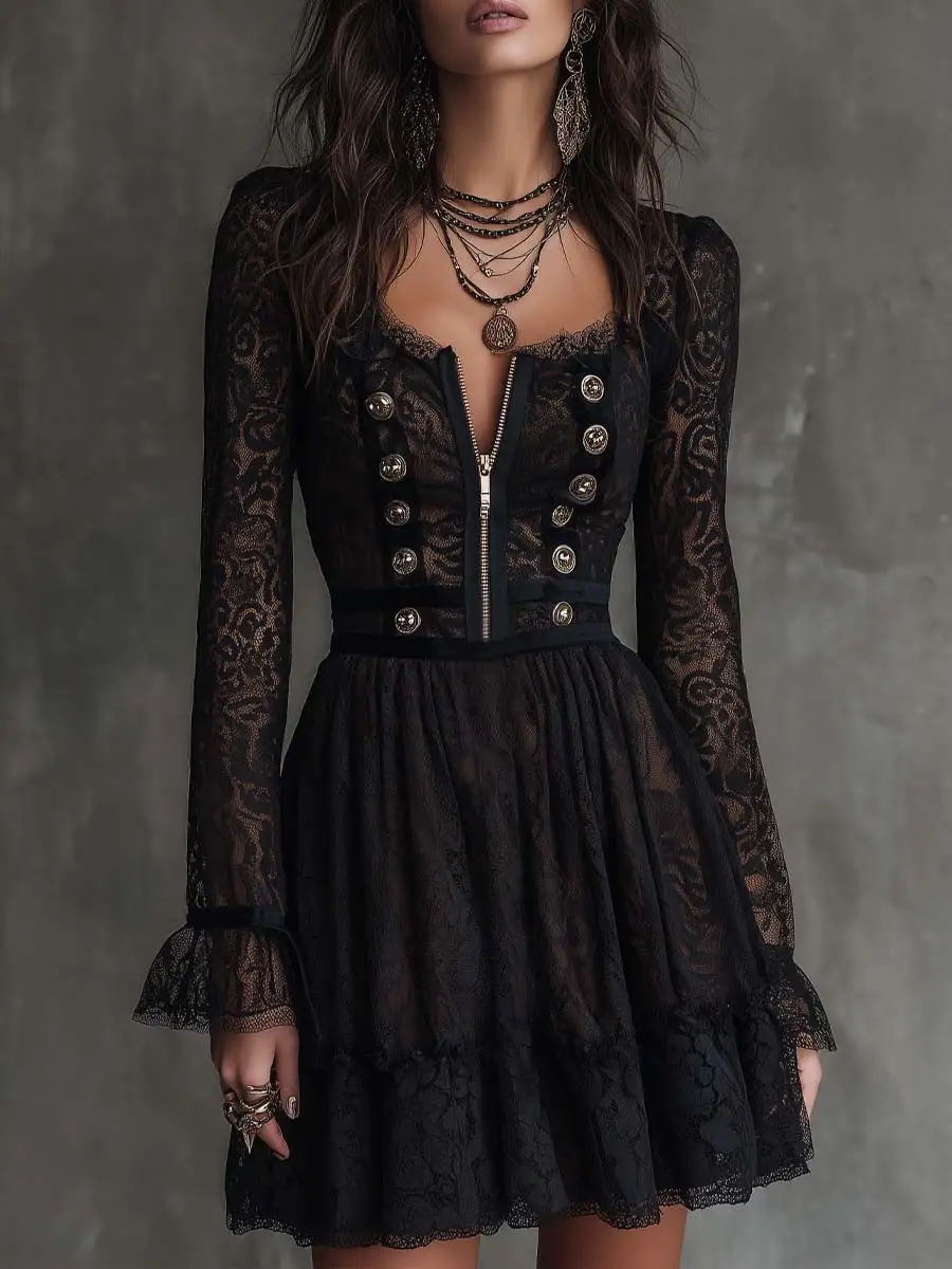 VIntage Black Lace Long Sleeve Zip-Up Mini Dress with Button Detail